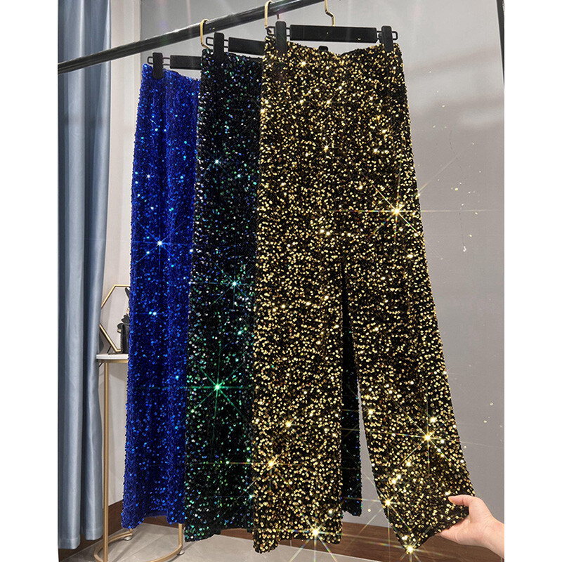 Donna Velour Lustrini Pantaloni Elastico Vita Gamba Larga Brillantini Vestito