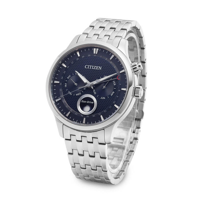 Pre-owned Citizen Original  Eco Drive Moon Phase Watch Men Japan Made Stainless Steel Blue