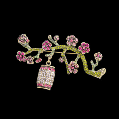 Pink Green Crystal Plum Blossom Flower Brance Lantern Brooch Pin Gift