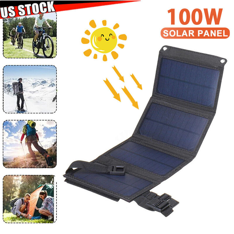 100W USB Solar Panel Folding Power Bank Outdoor Camping Hiking Phone Charger US