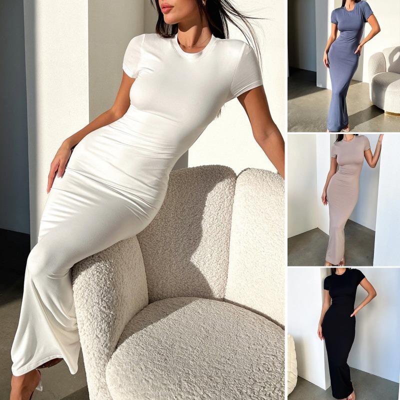 Women Maxi T-shirt Dress Short Sleeve Bodycon Solid Casual Elegant Fitted