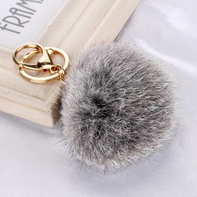 Gray Women Cute Rabbit Fur Ball Pendant Charm Decor Chain Key Bag Purse Ladies