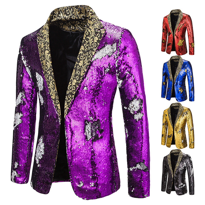 Men's Slim Fit Suit Jacket Blazer Shiny Sequin Coat Stage Business Blazer Coat