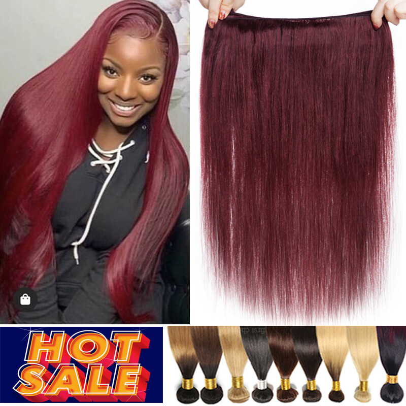 Sew In Bundles Weft Burgundy #99J Peruvian Virgin Human Hair Extensions Weave US