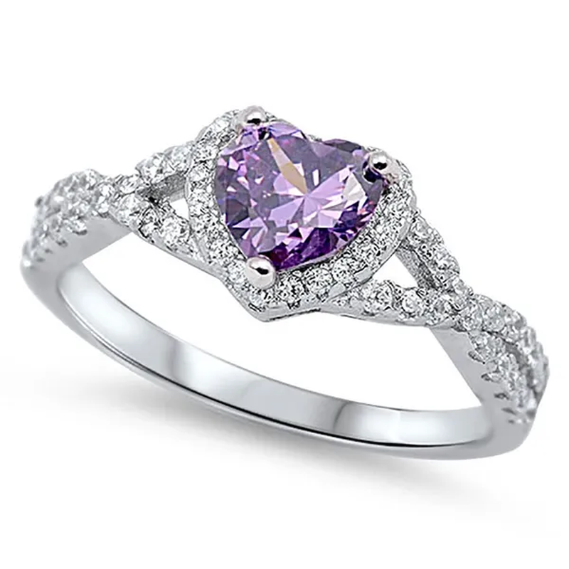 Sterling Silver .925 Women'S Diamond Cubic Zirconia CZ Infinity Heart Halo Purple Amethyst Promise Ring Band Sz 4-10