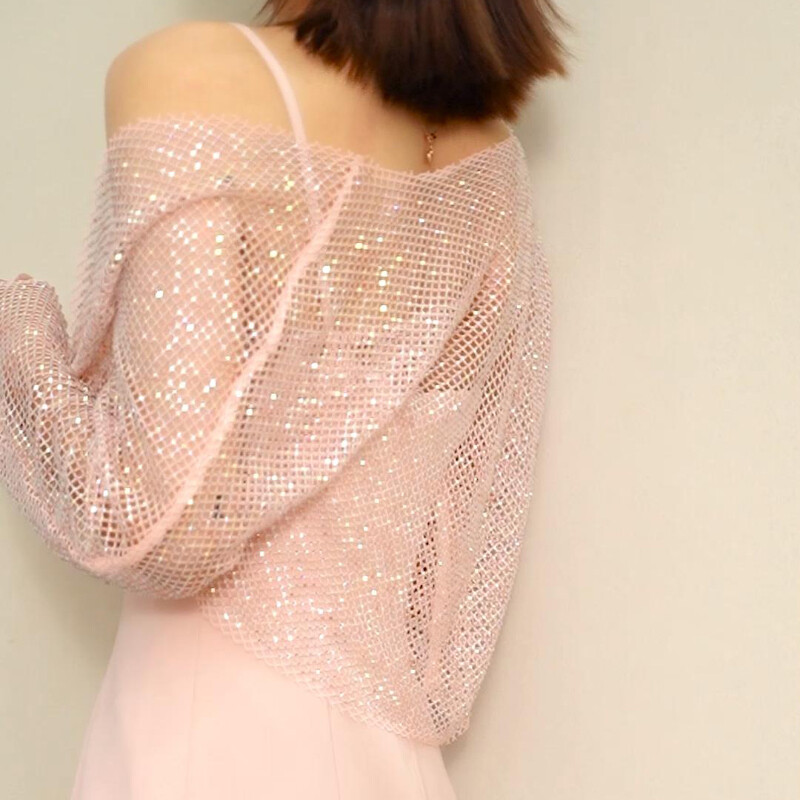 Women Crystal Rhinestone Cardigan Glitter Long Sleeve Net Sheer Bolero Tops