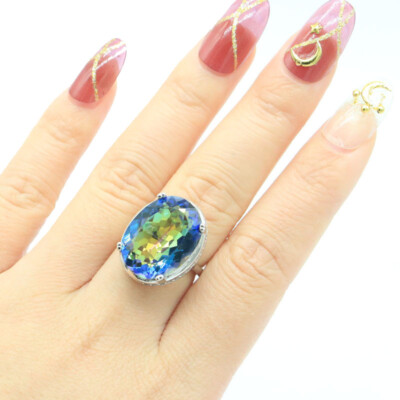 Buy 2 get 1 Big Gemstone 20x15mm Fire Rainbow Mystical Topaz Silver Ring Us Sz 8