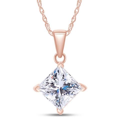 2ct Princess Cut Moissanite Solitaire Pendant Necklace in 14K Solid Rose Gold