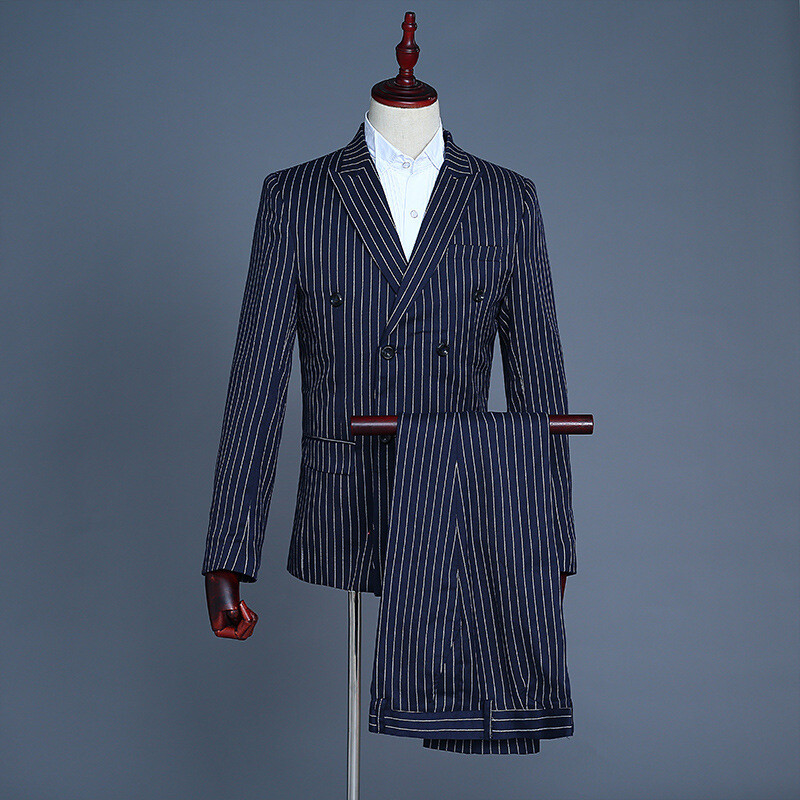Costume Homme 3 Pièces Rayé Bleu Marine Slim Col Revers Pic Double Boutonnage