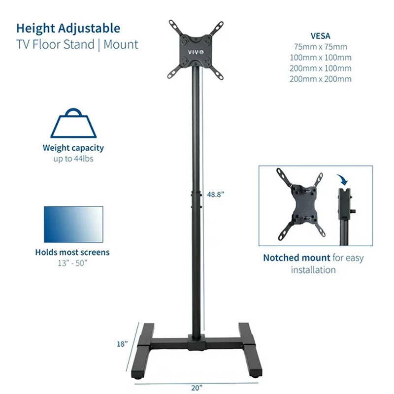 TV Mounting Floor Stand for 33" to 50" Screens Adjustable Height, Black