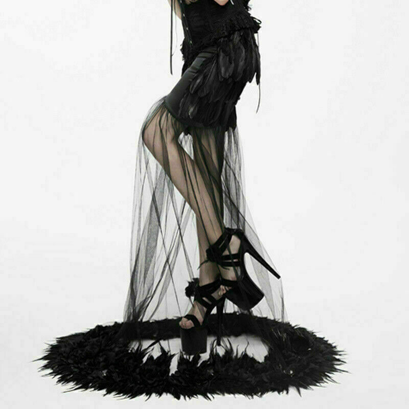 Pre-owned Eva Lady Elegant Gothic Floor-length Women Black Party See-through Feather Skirt