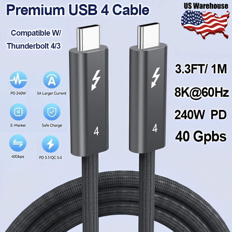 2X1 Thunderbolt 4 3 USB 4.0 USB-C Cable 40Gbps Charger Data PD 240W 8K UHD Video