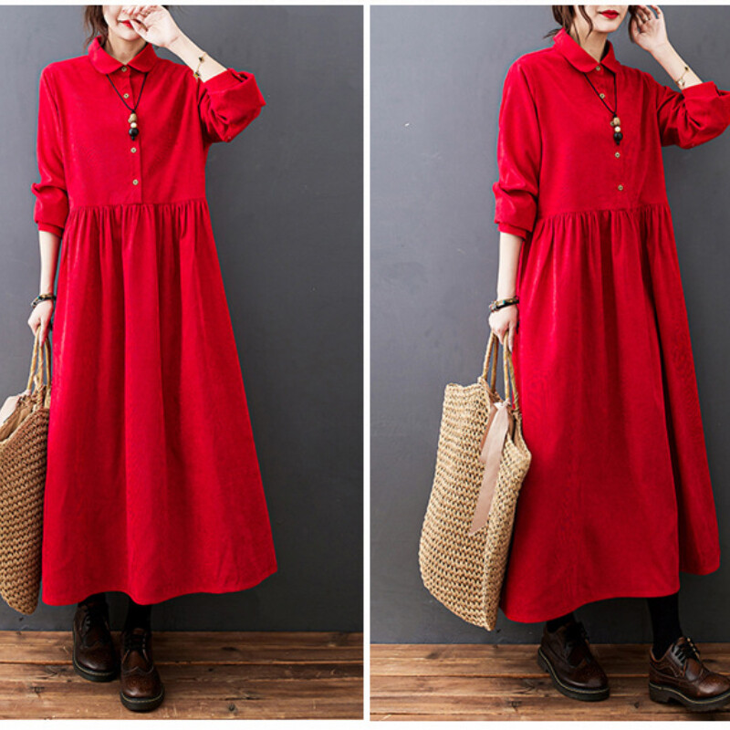 Women Corduroy Dress Long Retro Big Swing Casual Warm A-line Loose Button XL