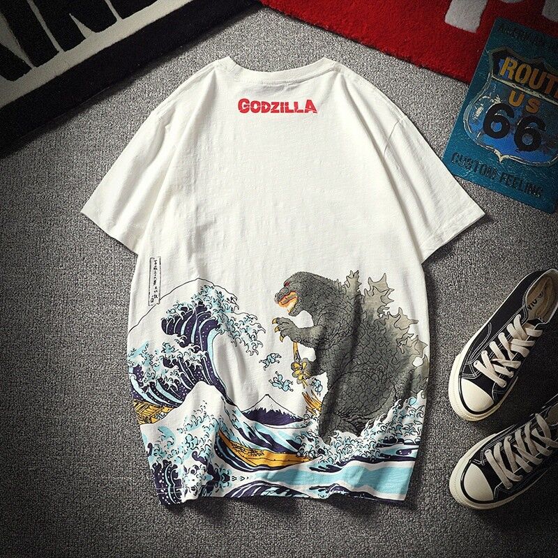 Men Godzilla T-shirt Ukiyoe Japanese Traditional Wagara Wave Camiseta Basic Tops