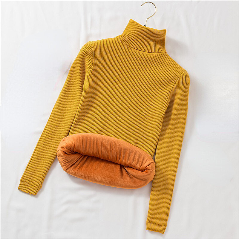 Women Slim Knitted Turtleneck Sweater Top Pullover Stretch Thermal Fleece Lined