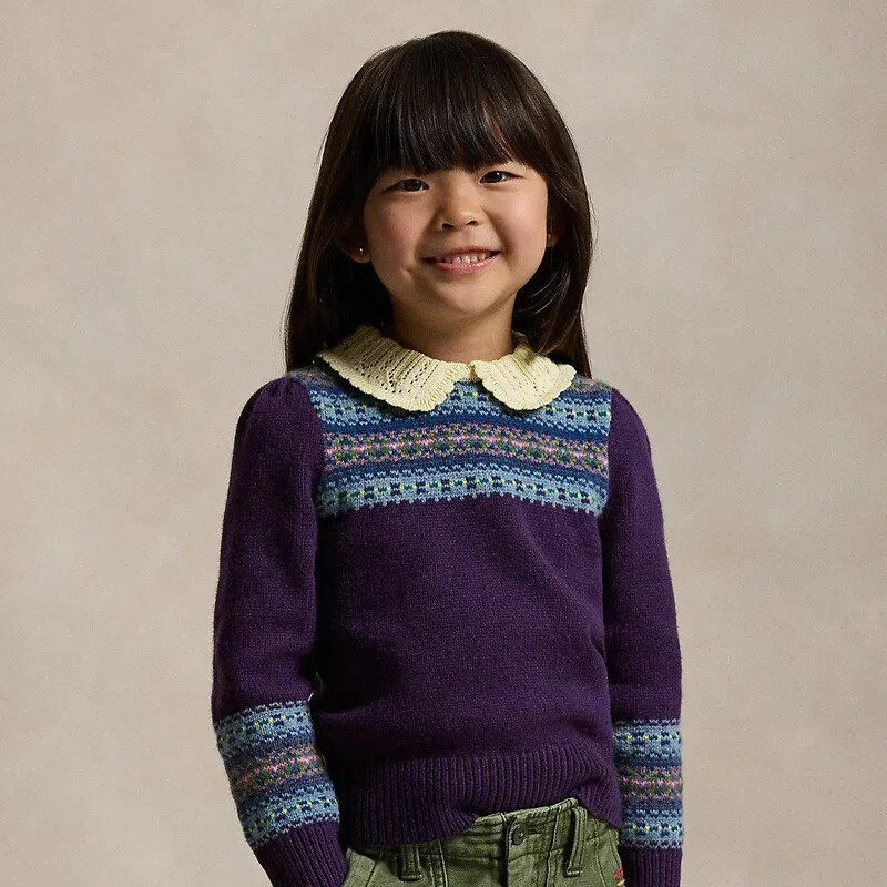 Ralph Lauren Fair Isle Wool-Blend Sweater Little Girl 2 Purple Multi Button Back - Picture 1 of 17