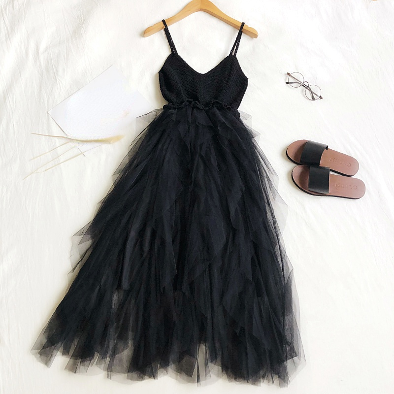 Donna Uncinetto Maglia Rete Slip Abito a Strati Tulle a Balze con Spalline Moda
