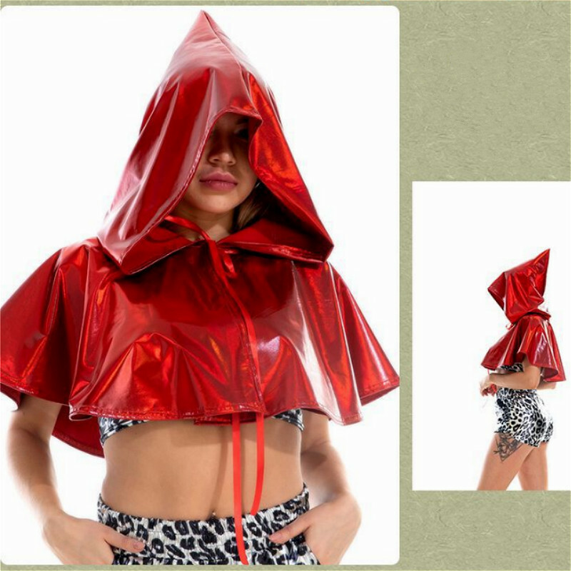 Costume Di Halloween Mantello Corto Con Cappuccio Vampiro Shiny Gotico Rosso