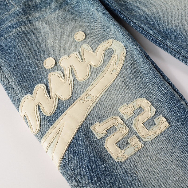 Pre-owned Amiri Men Art Patch Jean Slim Straight Leg Casual Fashion Retro Jeans In Blue