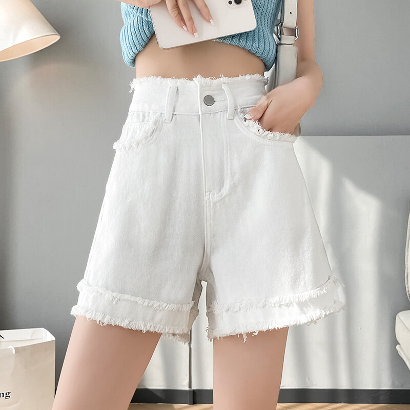 Women Denim Shorts Jeans Distressed Raw Edge High Waist Casual Summer Thin Chic