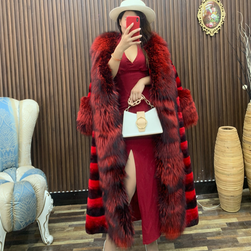 Women Red Real Rex Rabbit Fur Chinchilla Overcoat Long Fox Fur Shawl Collar Coat