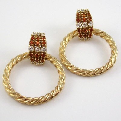 14K Yellow Gold Natural Diamond Citrine Rope Hoop Post Dangle Hoop Earrings