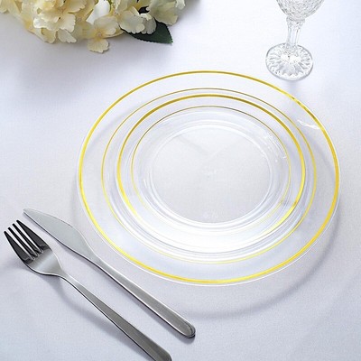 Gold Rim Plastic Clear 8" PLATES Disposable Party Wedding WHOLESALE Dinnerware