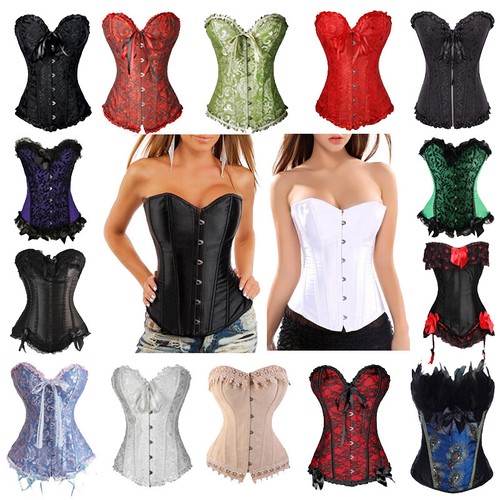 Women's Lace Up Corset Overbust Boned Burlesque Basque Bustier