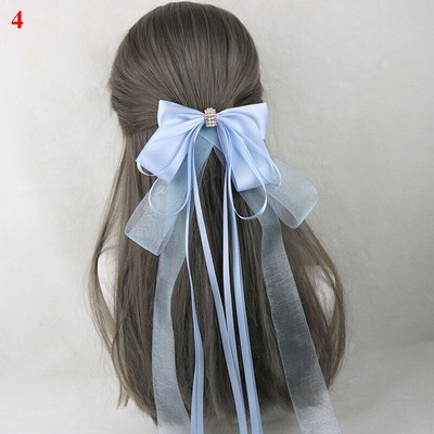 Women Embroidered Lace Oversized Bow Hairpin Sweet Long Ribbon Grip Barrettes