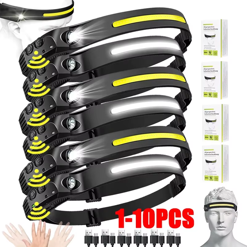 Sensor Headlamp USB Rechargeable LED Flashlight XPE+COB Torch Camping Waterproof