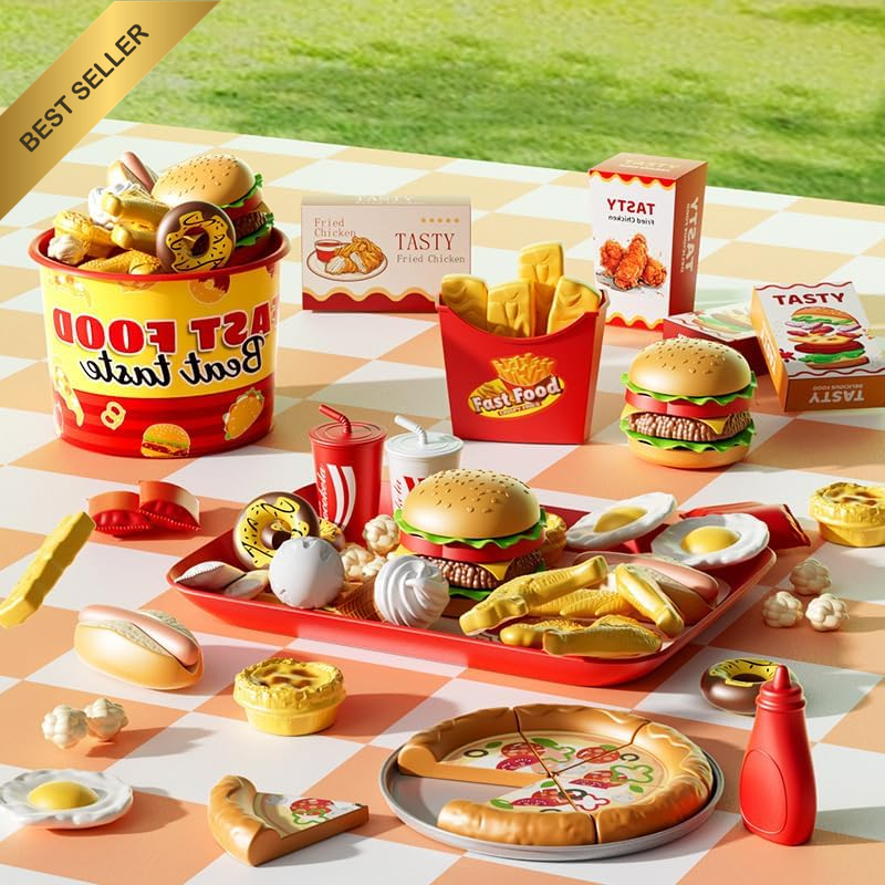 84PCS Pretend Play Food Toy Set - Kids Kitchen Toys with Hamburger, Fries & Ice