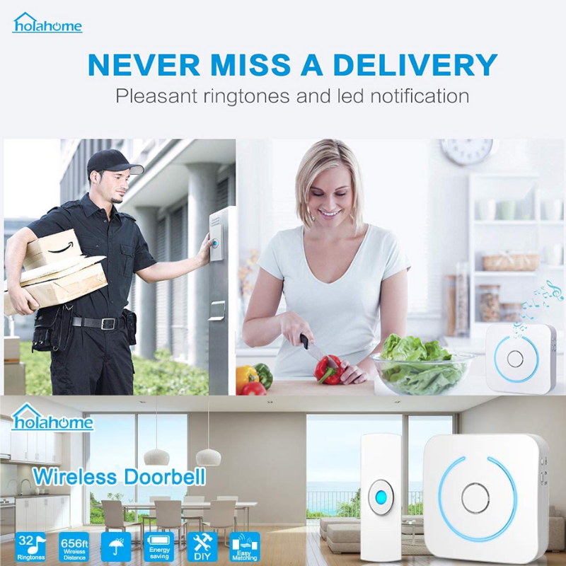 Wireless Chime Doorbell Kit 2 Receivers Security LED Light Waterproof Long Range