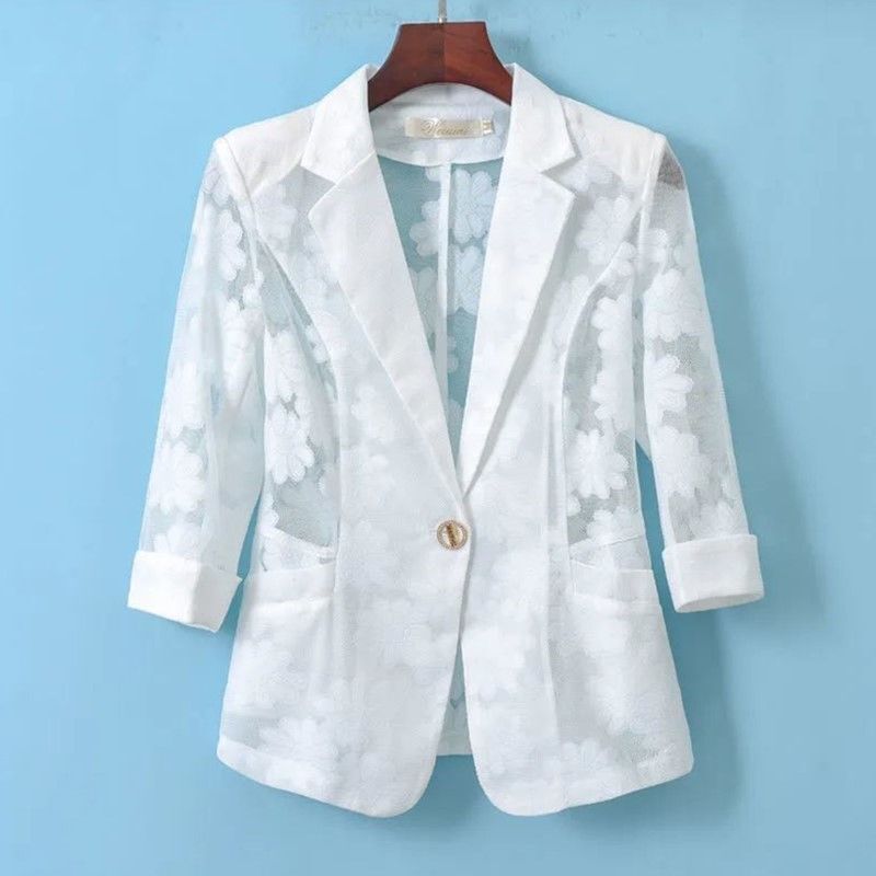 Damen Spitze Anzug Jacke 3/4 Ärmel Blumenmuster Blazer Bluse Durchsichtig M-5XL
