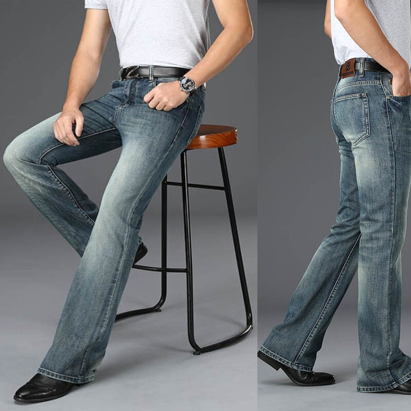 Men Flared Jeans Retro 70s Bell Bottom Denim Pants Slim Fit