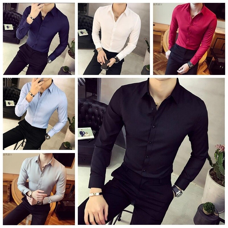Mens Formal Dress Shirt Long Sleeve Collar Plain Slim Casual Business Work Top