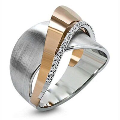 Creative Two Tone 925 Silver Filled Ring Women Cubic Zircon Wedding Ring Sz 6-10