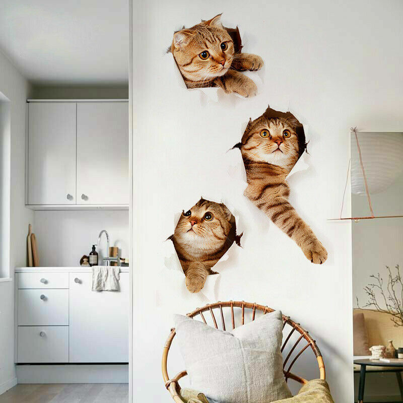 Vinyl Decal cute 3D Cat Bedroom Toilet Restroom Refrigerator Wall Stickers 3 Pcs