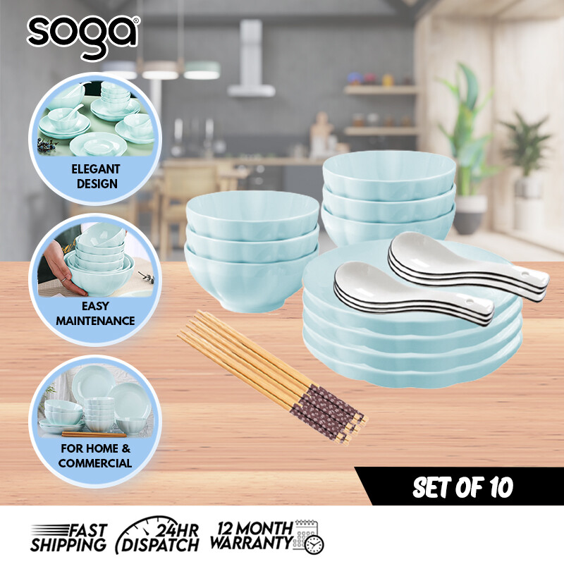 SOGA 12 Piece Ceramic Dinnerware Set Light Blue Japanese Style