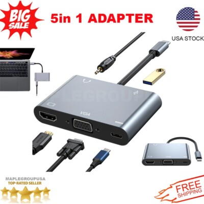 4K Ultra HD 5 in 1 Adapter USB 3.0 Type-C Hub to HDMI, VGA, Type C, AUX 87 W