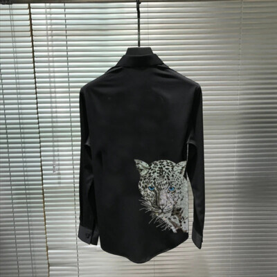 New Men Fashion Leopard Rhinestones Hot Diamond Long Sleeve Lapel Button Shirt