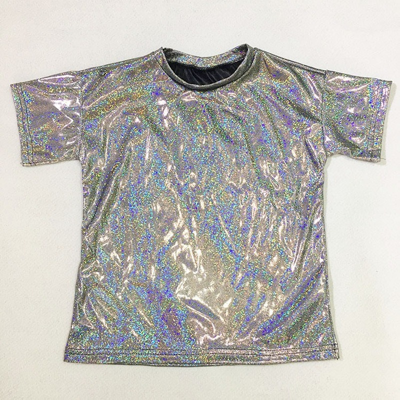 Unisex Shiny Holographic Shirt Top Tee Dance Disco Costume Glitter Shirts Summer