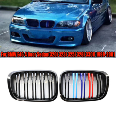 For BMW E46 4Door Sedan 1998-2001 Gloss Black Double Line M3 Kidney Grille Grill