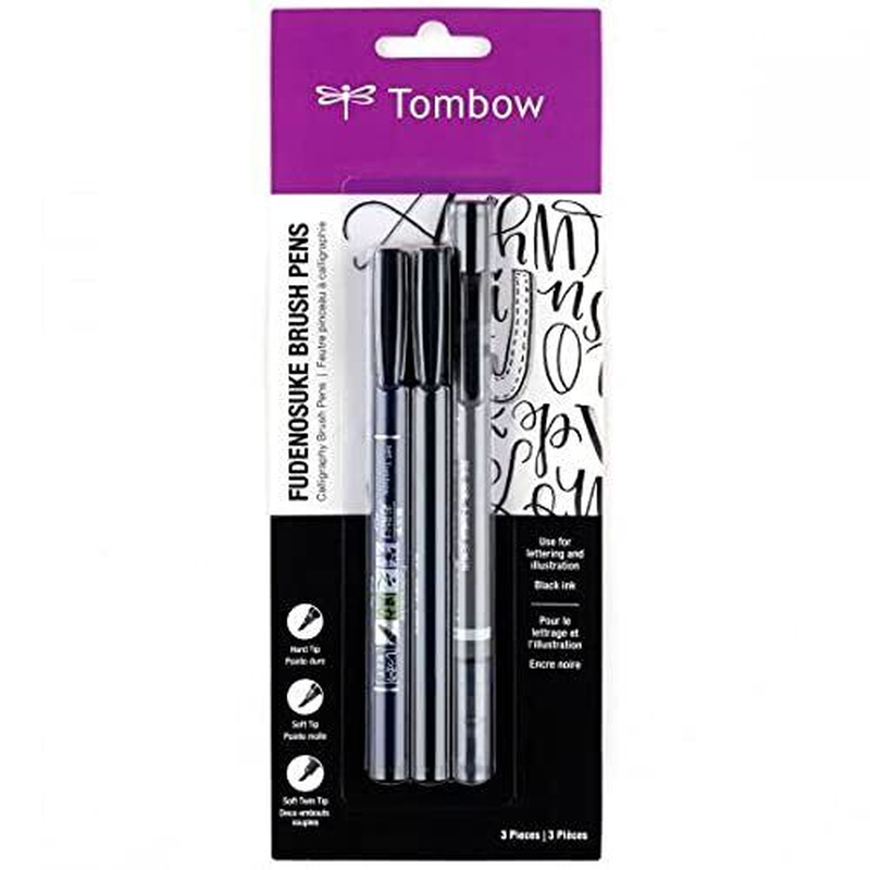 Tombow 62039 Fudenosuke Brush Pens 3-Pack. Soft Hard and Twi
