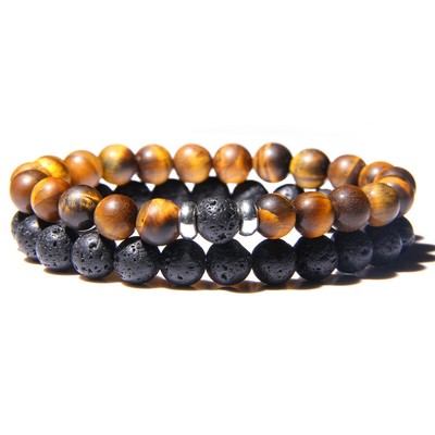 2PCS Tiger Eye Lava Rock Stone Crown Anxiety Stress Relief Men Women Bracelets
