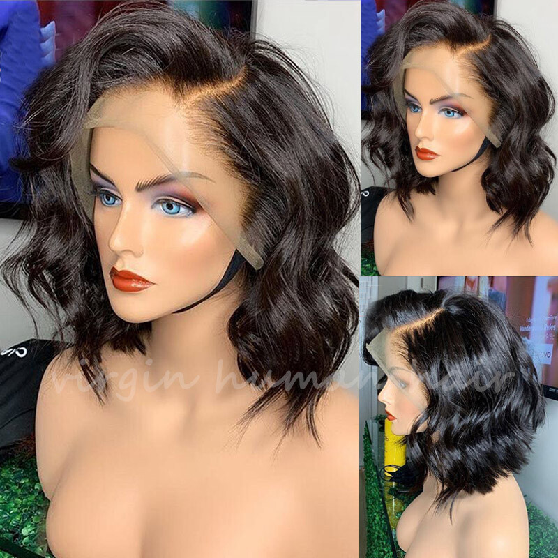 Pre Plucked Short Bob Wavy Lace Front Wigs Peruvian Pure Human Hair Wig Black P3