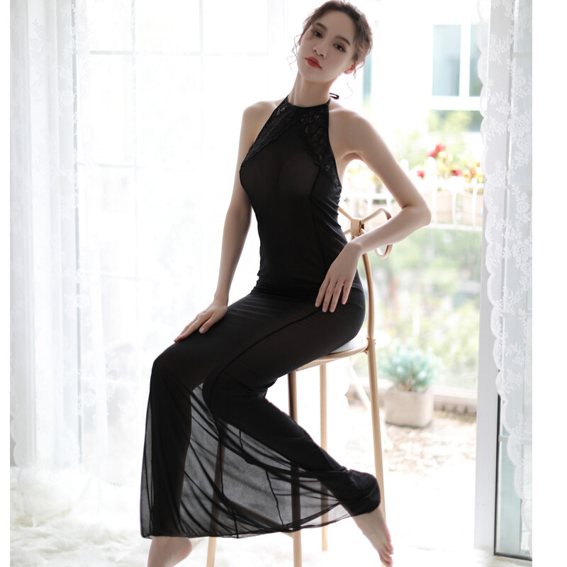 Women Halter Sheer Dress Backless Lace Mesh See Through Nightwear Lingerie