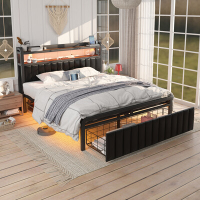 Metal Bed Frame Queen Size with Storage Headboard and LED Sensor Lights