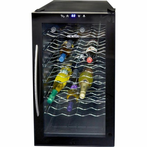 Blue Illuminated 28 Bottle Thermoelectric Wine Cooler, Black Refrigerator Cellar