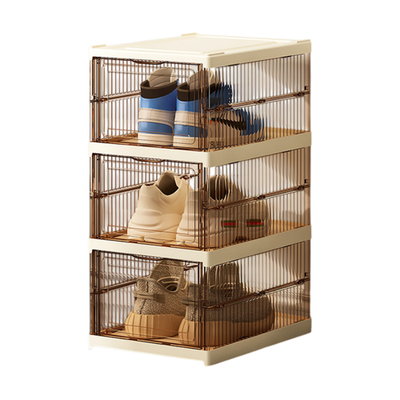 Transparent Brown 3-Layer Foldable Shoe Storage Tower with Transparent Display