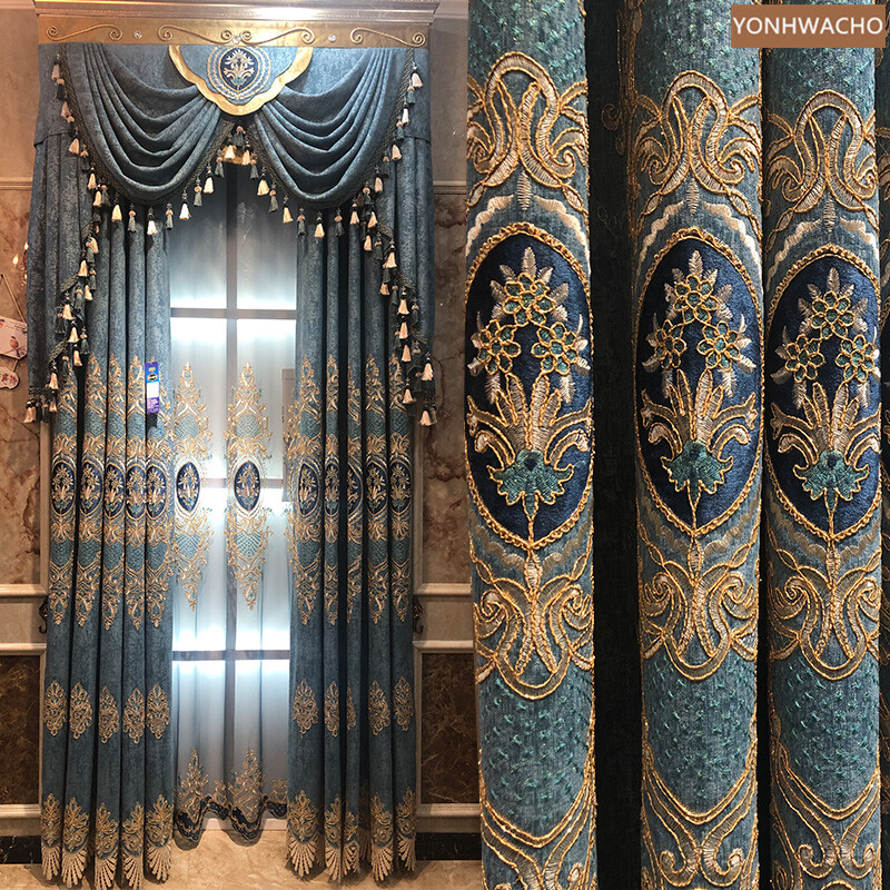 luxury chenille embroidery villa  blue cloth blackout curtain valance